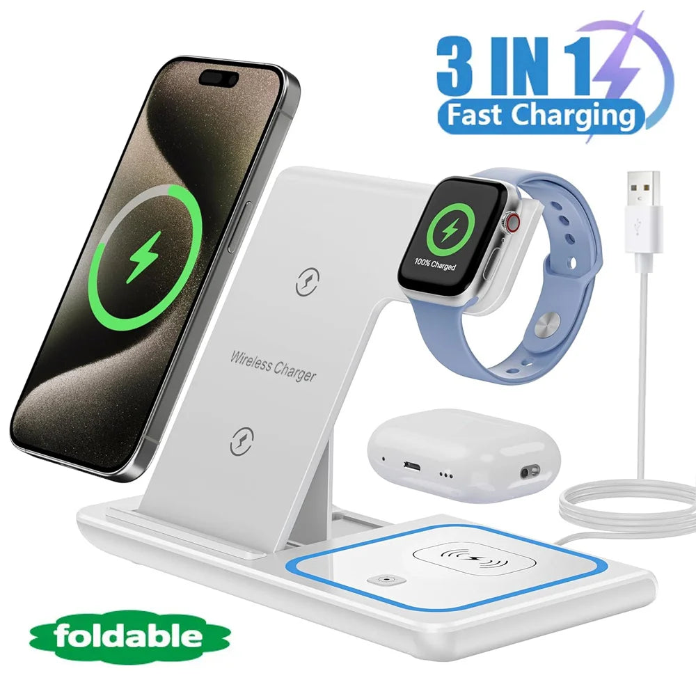 LED Fast Wireless Charger Stand 3 in 1 Foldable Charging Station for Iphone 17/16/15/14 Apple Watch 9 8 7 6 5 Airpods Pro