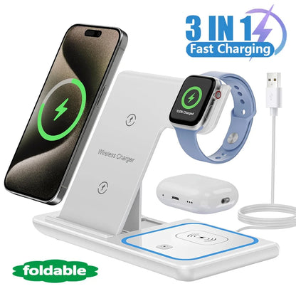 LED Fast Wireless Charger Stand 3 in 1 Foldable Charging Station for Iphone 17/16/15/14 Apple Watch 9 8 7 6 5 Airpods Pro