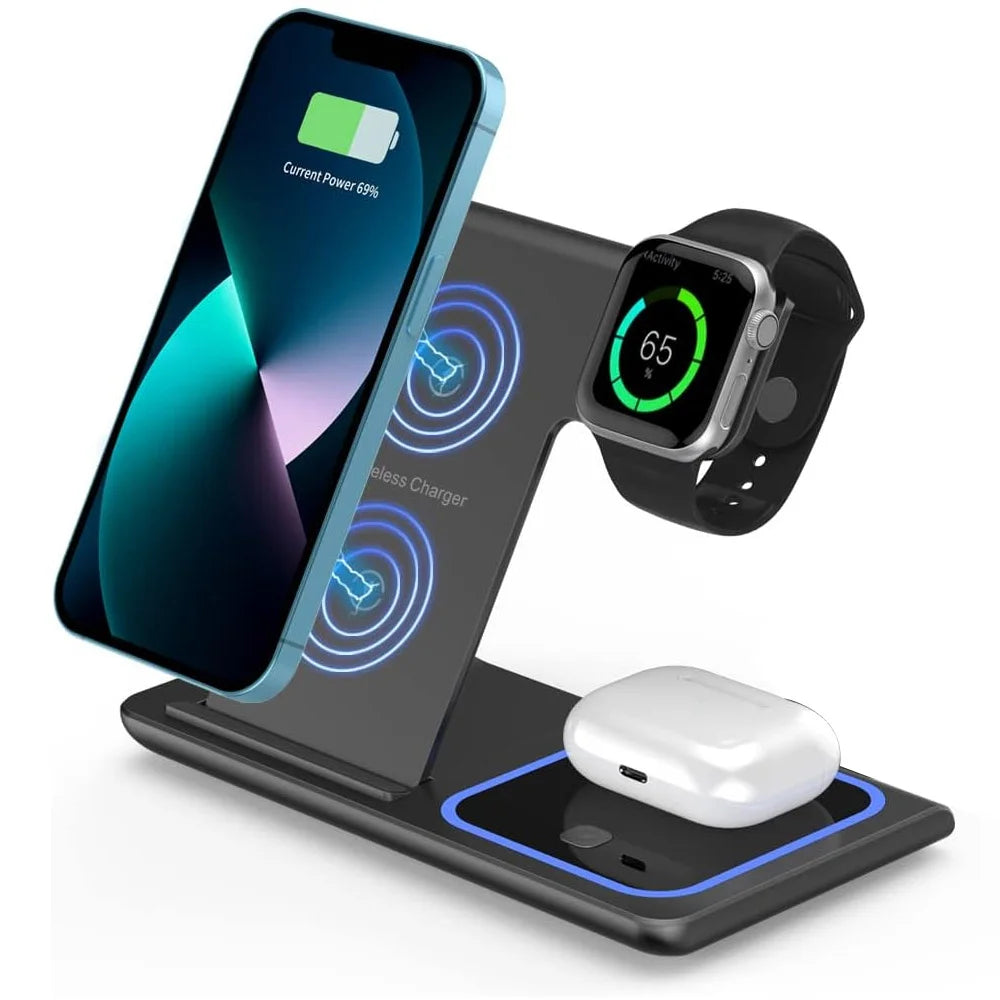 LED Fast Wireless Charger Stand 3 in 1 Foldable Charging Station for Iphone 17/16/15/14 Apple Watch 9 8 7 6 5 Airpods Pro