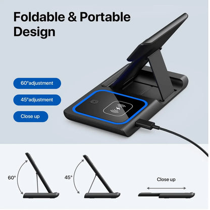 LED Fast Wireless Charger Stand 3 in 1 Foldable Charging Station for Iphone 17/16/15/14 Apple Watch 9 8 7 6 5 Airpods Pro