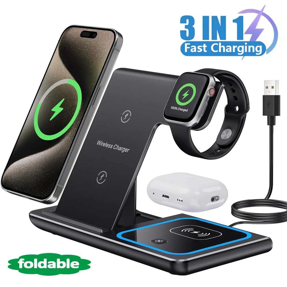 LED Fast Wireless Charger Stand 3 in 1 Foldable Charging Station for Iphone 17/16/15/14 Apple Watch 9 8 7 6 5 Airpods Pro