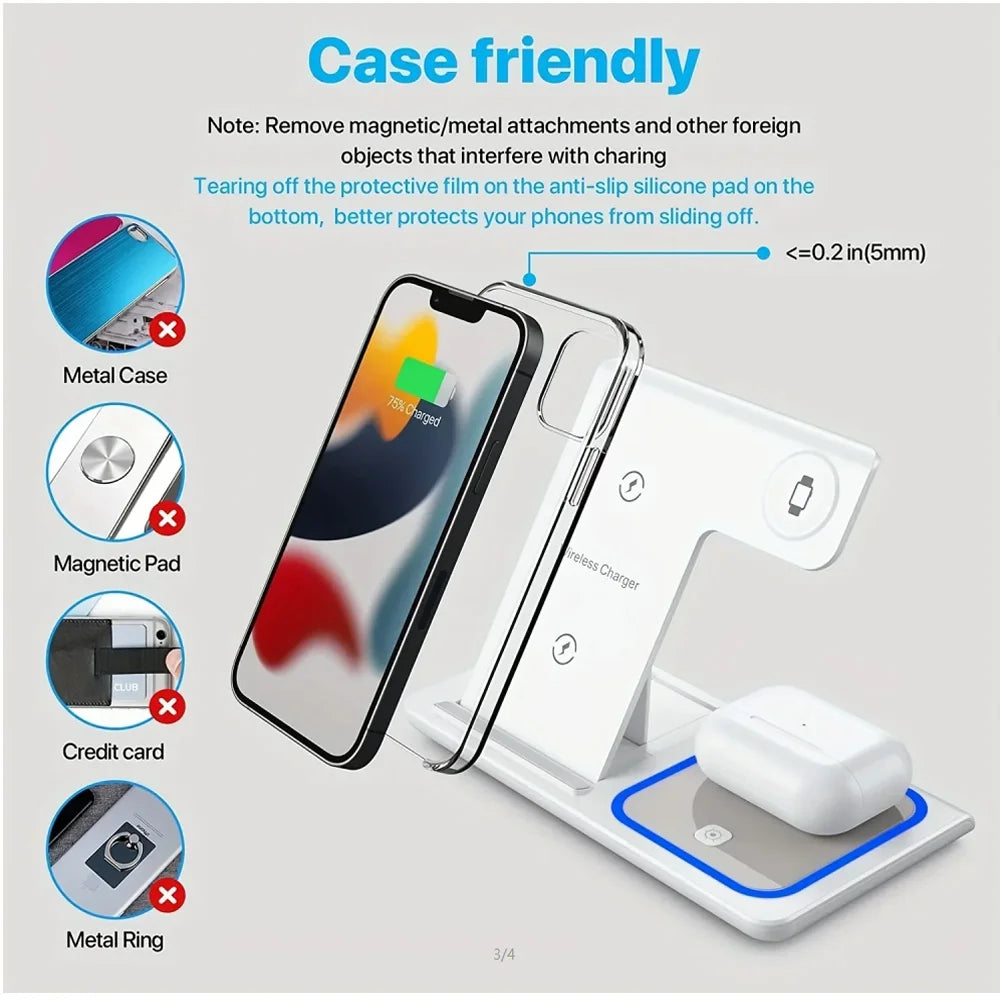 LED Fast Wireless Charger Stand 3 in 1 Foldable Charging Station for Iphone 17/16/15/14 Apple Watch 9 8 7 6 5 Airpods Pro
