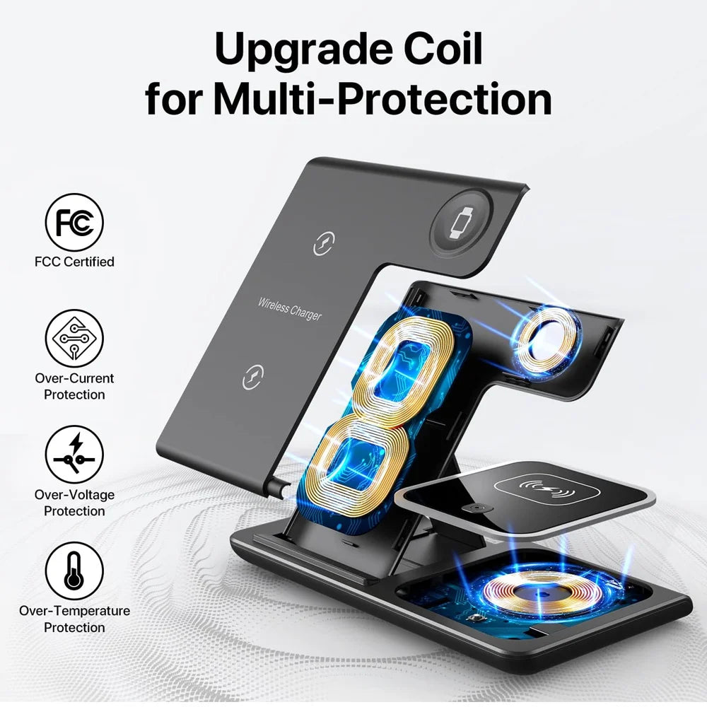 LED Fast Wireless Charger Stand 3 in 1 Foldable Charging Station for Iphone 17/16/15/14 Apple Watch 9 8 7 6 5 Airpods Pro