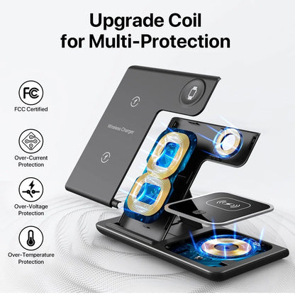 LED Fast Wireless Charger Stand 3 in 1 Foldable Charging Station for Iphone 17/16/15/14 Apple Watch 9 8 7 6 5 Airpods Pro