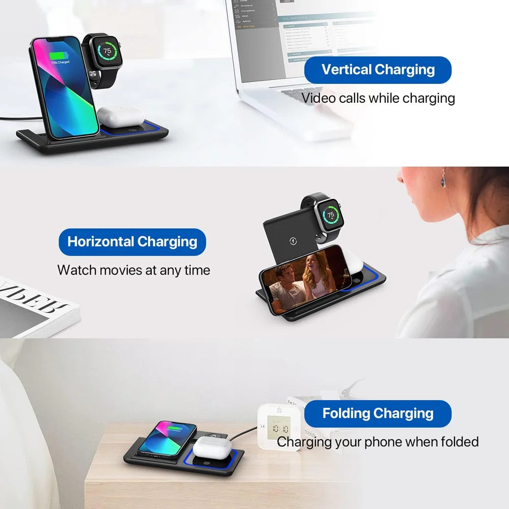 LED Fast Wireless Charger Stand 3 in 1 Foldable Charging Station for Iphone 17/16/15/14 Apple Watch 9 8 7 6 5 Airpods Pro